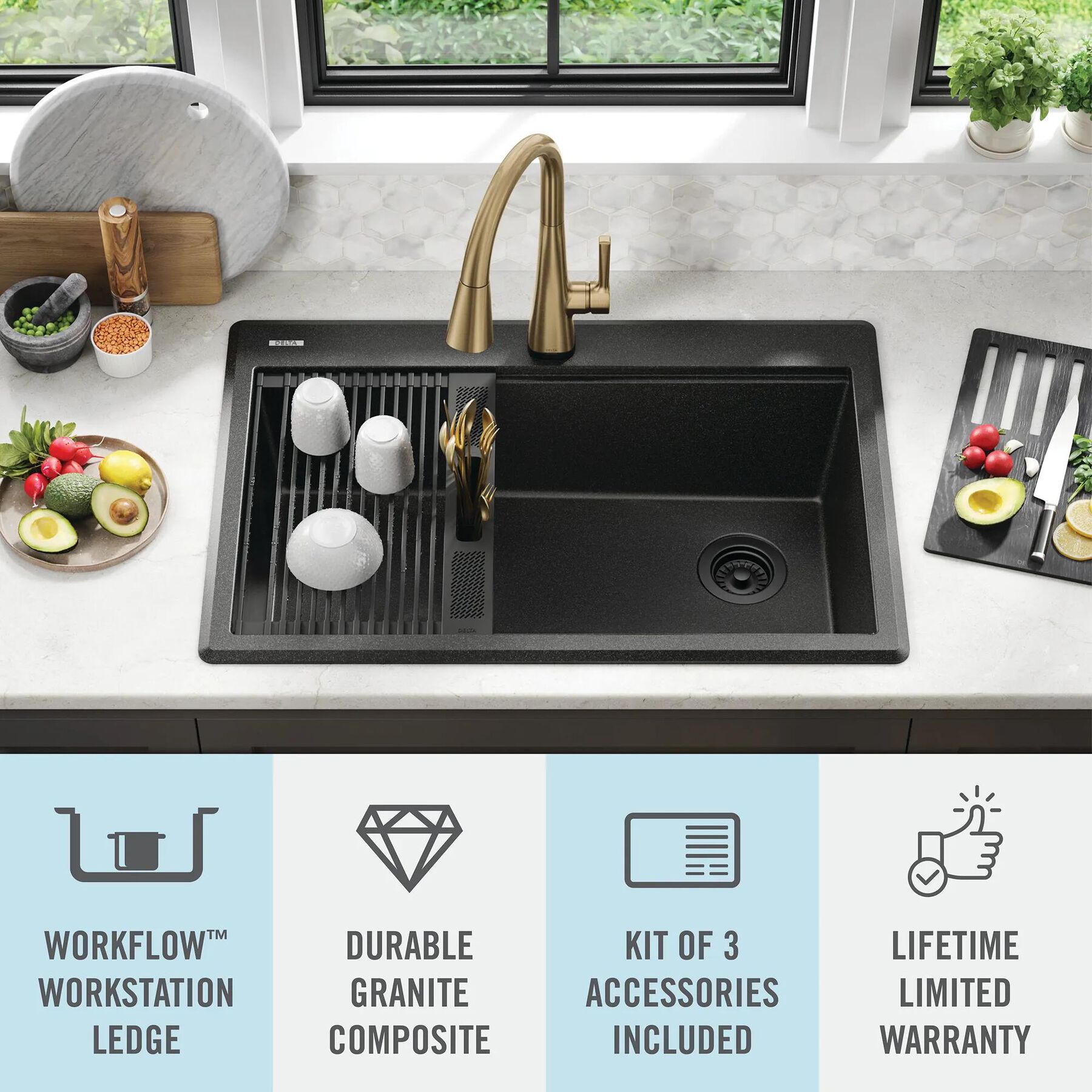 33&rdquo;&nbsp;Granite Composite&nbsp;Workstation Kitchen Sink&nbsp;Drop-In&nbsp;Top Mount&nbsp;Single Bowl with&nbsp;WorkFlow&trade; Ledge and Accessories